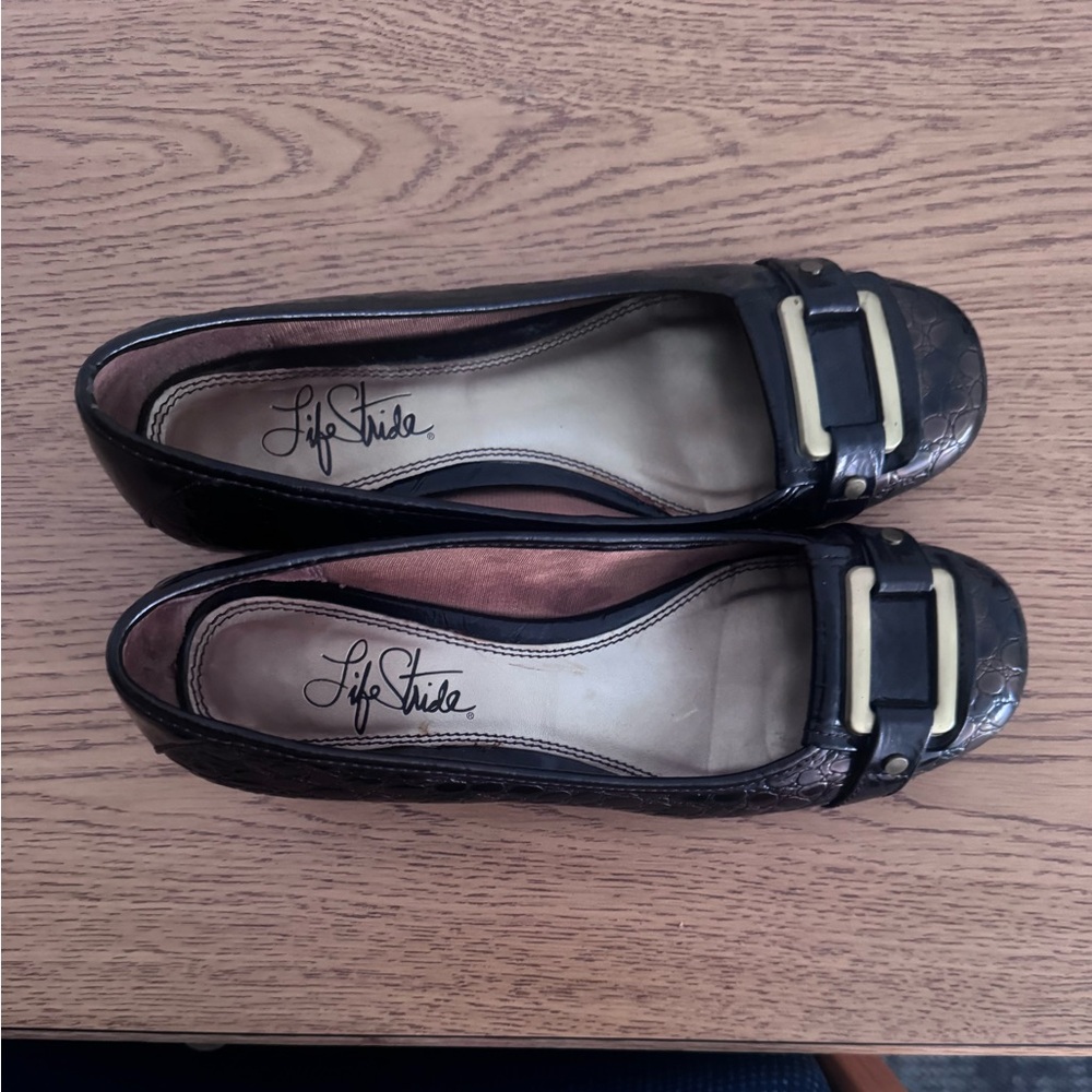Life Stride Black Ballet Flats with Gold Buckle Accent